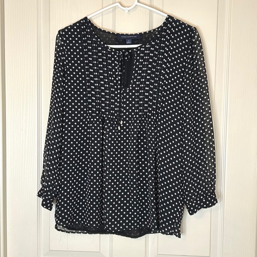 Tommy Hilfiger Women Black White Polka Dot Sheer LS Tie Neck Blouse Top M